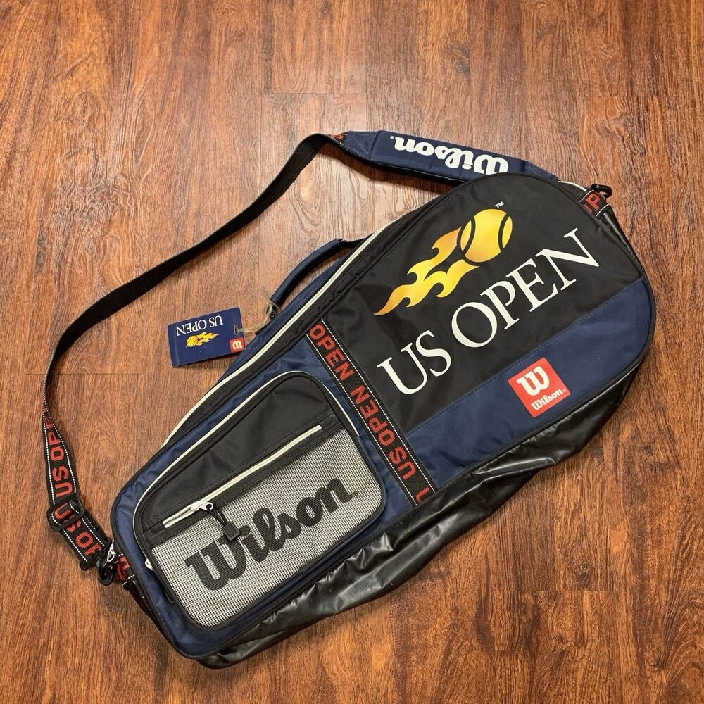 Vtg Wilson US OPEN Black Tennis Racket Bag Yellow Flames Shoulder Strap Pockets